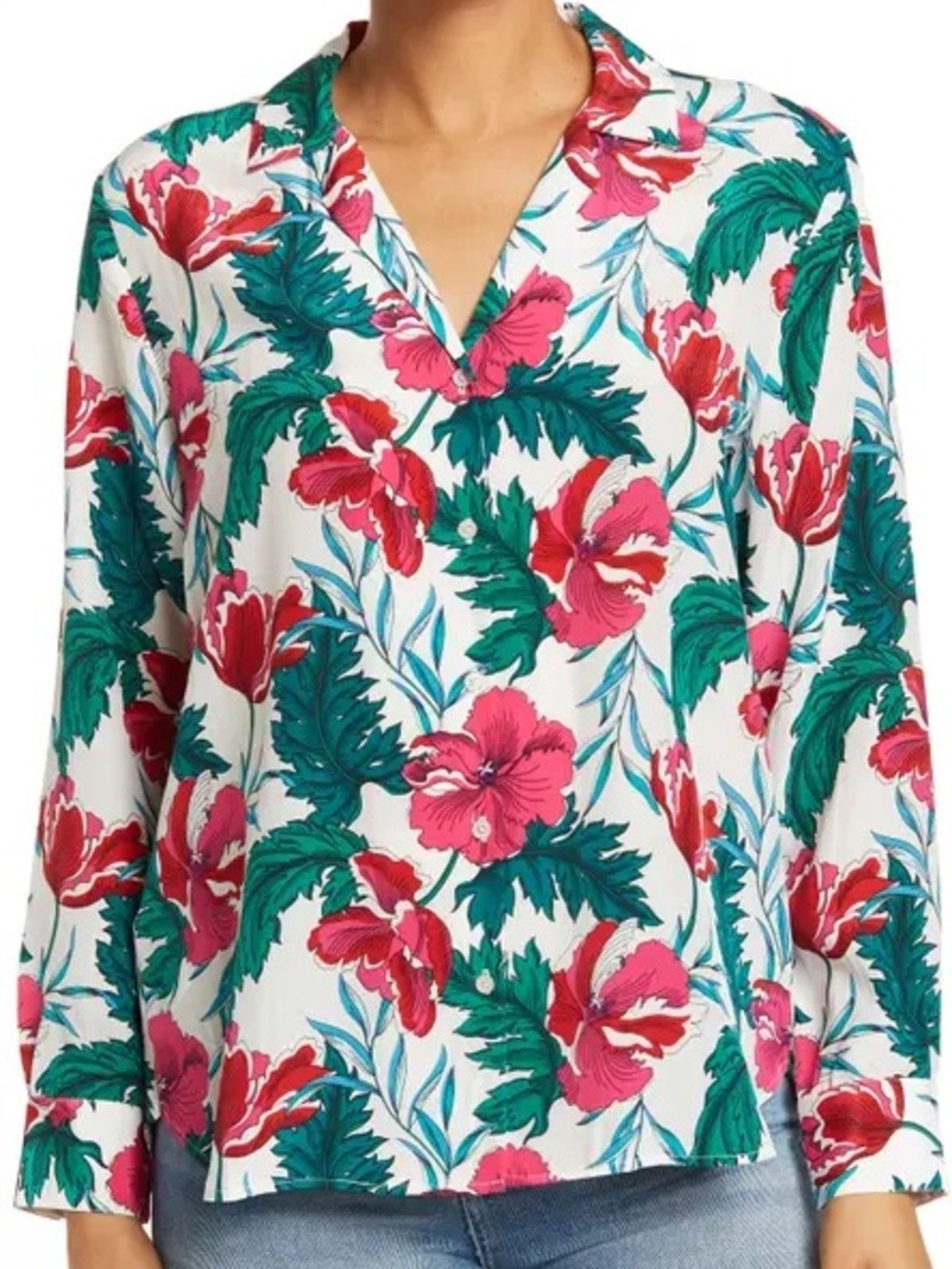 Tommy Bahama Women’s 100% Silk Tropical Floral White Pink Red Blouse Size XS